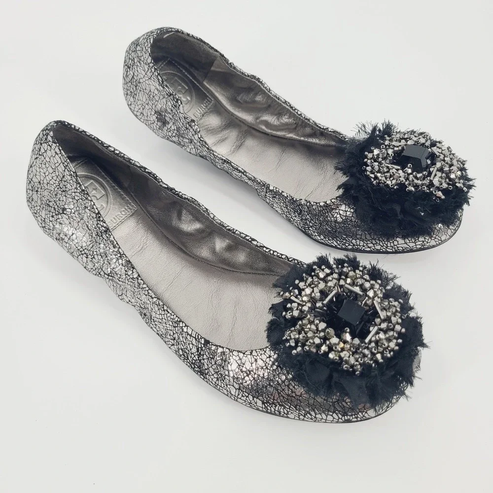 Tory Burch Crackle Leather Amelia Jeweled Crystal‎ Bow Round Toe Flats Size 7M